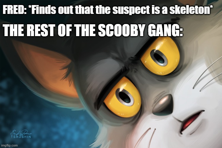 Unsettled Tom Stylized | FRED: *Finds out that the suspect is a skeleton* THE REST OF THE SCOOBY GANG: | image tagged in unsettled tom stylized | made w/ Imgflip meme maker