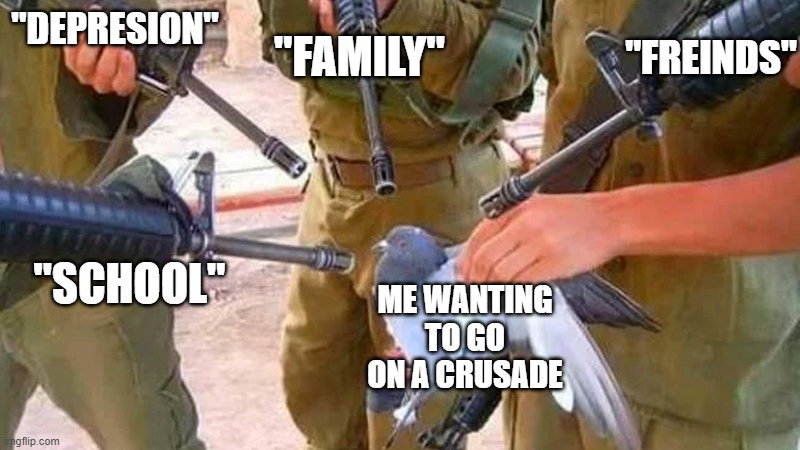 Help me please | "FAMILY"; "FREINDS"; "DEPRESION"; "SCHOOL"; ME WANTING TO GO ON A CRUSADE | image tagged in pigeon surrounded by guns | made w/ Imgflip meme maker