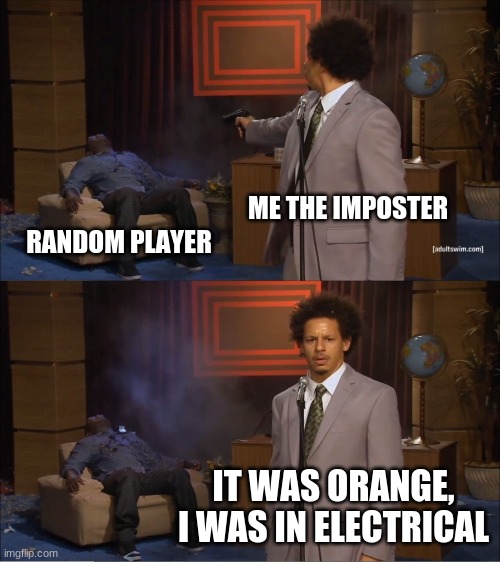 Who Killed Hannibal Meme | ME THE IMPOSTER; RANDOM PLAYER; IT WAS ORANGE, I WAS IN ELECTRICAL | image tagged in memes,who killed hannibal | made w/ Imgflip meme maker