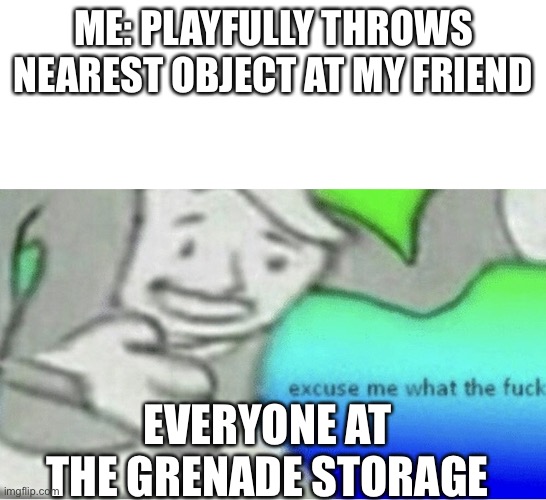 Excuse me wtf blank template | ME: PLAYFULLY THROWS NEAREST OBJECT AT MY FRIEND; EVERYONE AT THE GRENADE STORAGE | image tagged in excuse me wtf blank template | made w/ Imgflip meme maker
