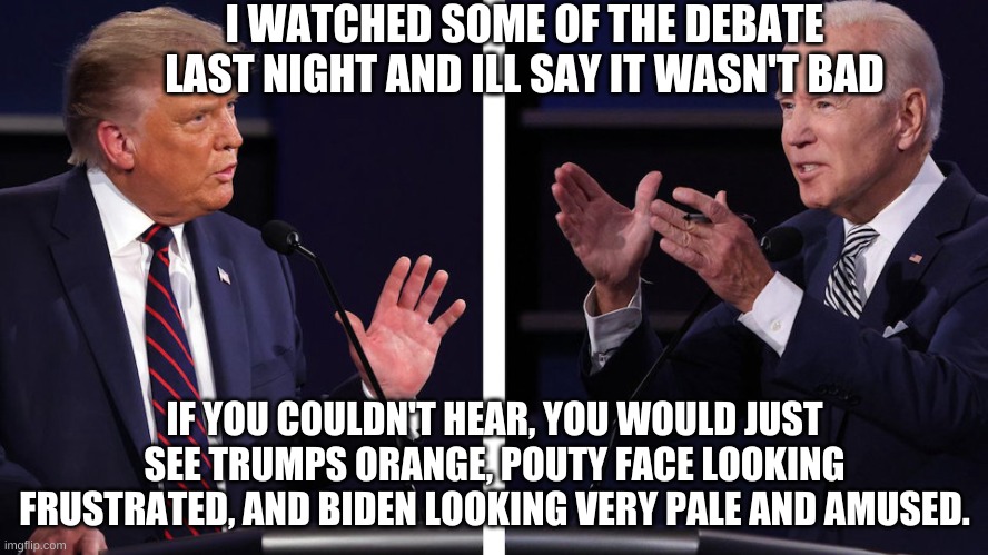 biden trump debate | I WATCHED SOME OF THE DEBATE LAST NIGHT AND ILL SAY IT WASN'T BAD; IF YOU COULDN'T HEAR, YOU WOULD JUST SEE TRUMPS ORANGE, POUTY FACE LOOKING FRUSTRATED, AND BIDEN LOOKING VERY PALE AND AMUSED. | image tagged in joe biden,donald trump,debate | made w/ Imgflip meme maker