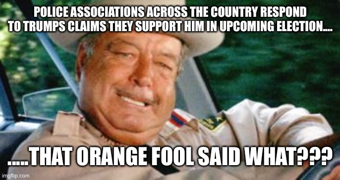 Sheriff Buford T Justice | POLICE ASSOCIATIONS ACROSS THE COUNTRY RESPOND TO TRUMPS CLAIMS THEY SUPPORT HIM IN UPCOMING ELECTION.... .....THAT ORANGE FOOL SAID WHAT??? | image tagged in sheriff buford t justice | made w/ Imgflip meme maker