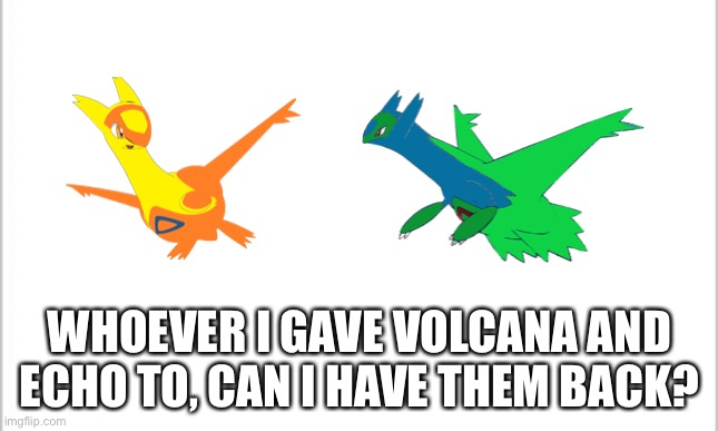 I still have their pics for some reason | WHOEVER I GAVE VOLCANA AND ECHO TO, CAN I HAVE THEM BACK? | image tagged in white background | made w/ Imgflip meme maker