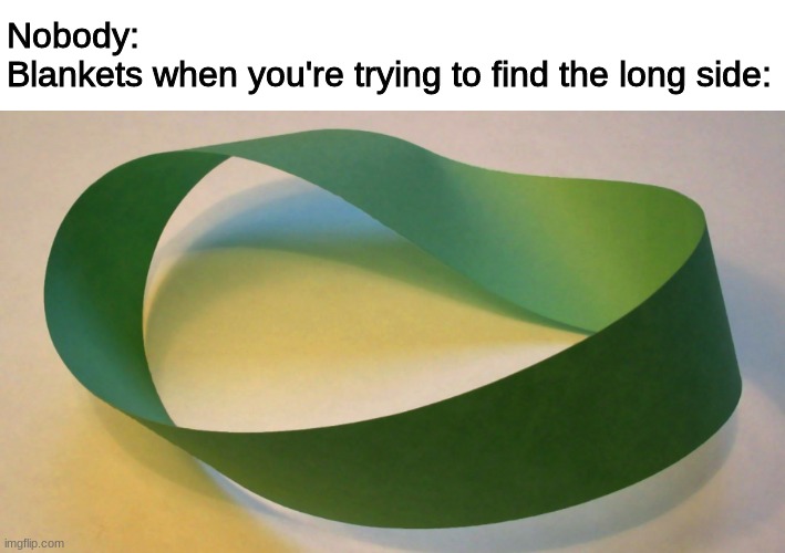  Nobody: 
Blankets when you're trying to find the long side: | image tagged in memes,funny,mobius strip,infinity,blanket,gifs | made w/ Imgflip meme maker