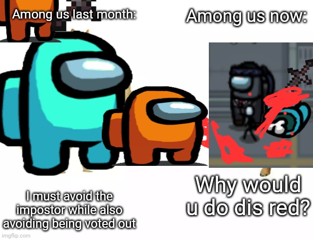 Wow.look how they massacred my boy | Among us now:; Among us last month:; Why would u do dis red? I must avoid the impostor while also avoiding being voted out | image tagged in buff doge vs cheems,among us | made w/ Imgflip meme maker