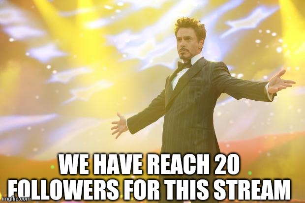 20 | WE HAVE REACH 20 FOLLOWERS FOR THIS STREAM | image tagged in tony stark success | made w/ Imgflip meme maker