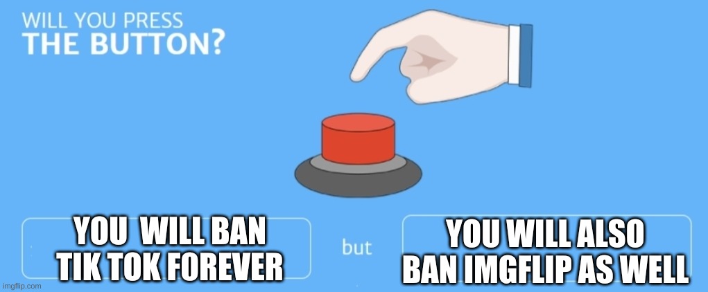Will you press the button | YOU  WILL BAN TIK TOK F0REVER; YOU WILL ALSO BAN IMGFLIP AS WELL | image tagged in will you press the button | made w/ Imgflip meme maker