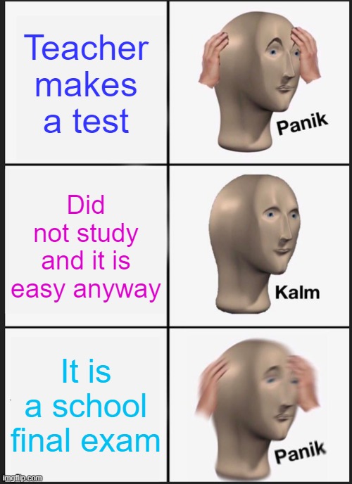 Test meme | Teacher makes a test; Did not study and it is easy anyway; It is a school final exam | image tagged in memes,panik kalm panik | made w/ Imgflip meme maker