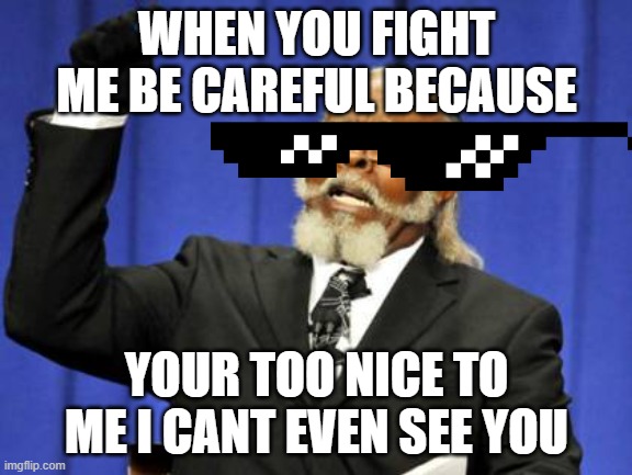 Too Damn High | WHEN YOU FIGHT ME BE CAREFUL BECAUSE; YOUR TOO NICE TO ME I CANT EVEN SEE YOU | image tagged in memes,too damn high | made w/ Imgflip meme maker