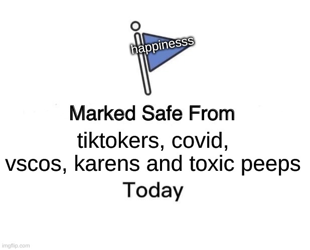 Marked Safe From Meme | happinesss; tiktokers, covid, vscos, karens and toxic peeps | image tagged in memes,marked safe from | made w/ Imgflip meme maker