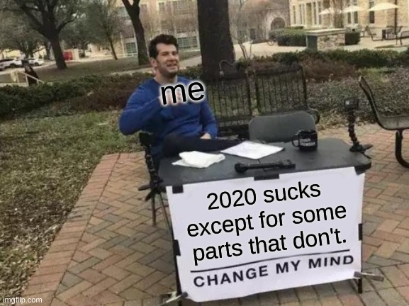 Change My Mind | me; 2020 sucks except for some parts that don't. | image tagged in memes,change my mind | made w/ Imgflip meme maker