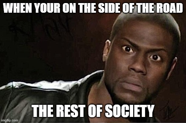 Kevin Hart Meme | WHEN YOUR ON THE SIDE OF THE ROAD; THE REST OF SOCIETY | image tagged in memes,kevin hart,funny | made w/ Imgflip meme maker