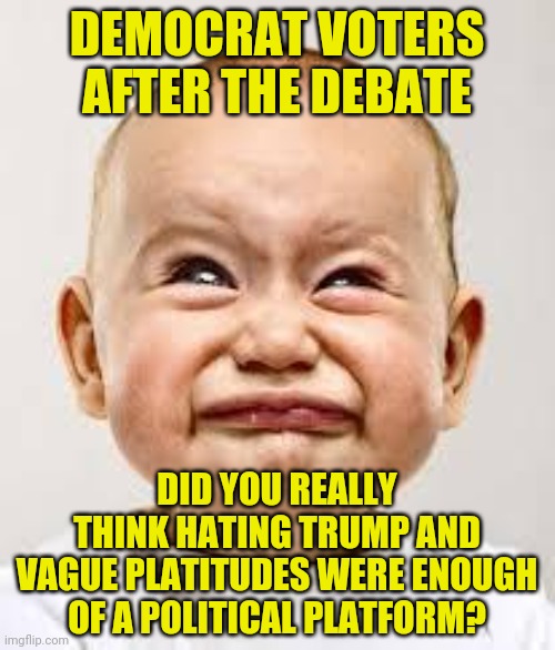 Well the first debate is over...number of voters who will change their vote? Zero.... | DEMOCRAT VOTERS AFTER THE DEBATE; DID YOU REALLY THINK HATING TRUMP AND VAGUE PLATITUDES WERE ENOUGH OF A POLITICAL PLATFORM? | image tagged in crying baby,presidential debate | made w/ Imgflip meme maker