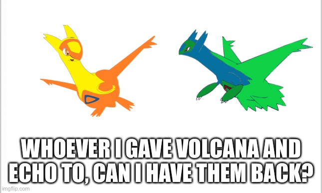 white background | WHOEVER I GAVE VOLCANA AND ECHO TO, CAN I HAVE THEM BACK? | image tagged in white background | made w/ Imgflip meme maker