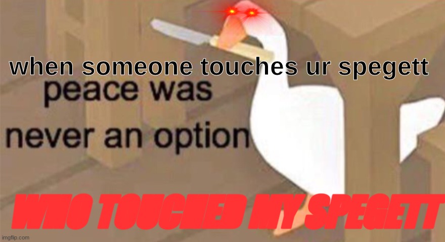 Untitled Goose Peace Was Never an Option | when someone touches ur spegett; WHO TOUCHED MY SPEGETT | image tagged in untitled goose peace was never an option | made w/ Imgflip meme maker