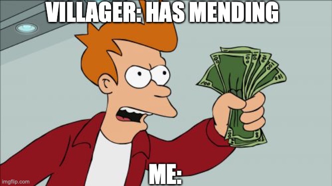 Shut Up And Take My Money Fry | VILLAGER: HAS MENDING; ME: | image tagged in memes,shut up and take my money fry | made w/ Imgflip meme maker