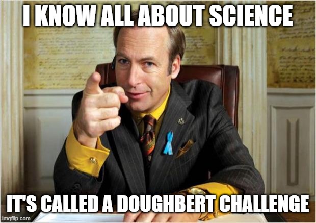 Better call saul | I KNOW ALL ABOUT SCIENCE; IT'S CALLED A DOUGHBERT CHALLENGE | image tagged in better call saul | made w/ Imgflip meme maker