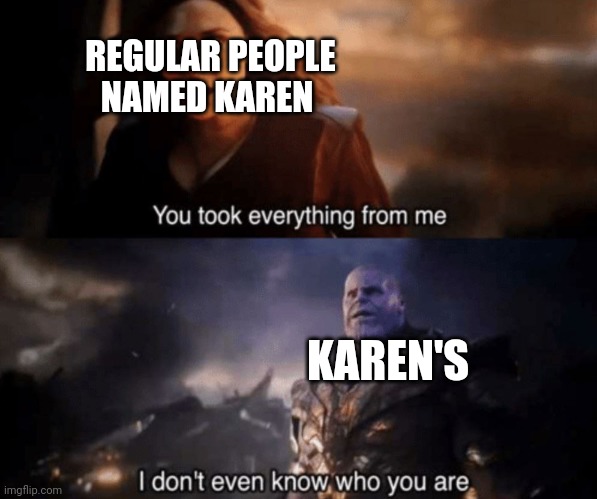 karen |  REGULAR PEOPLE NAMED KAREN; KAREN'S | image tagged in you took everything from me - i don't even know who you are | made w/ Imgflip meme maker