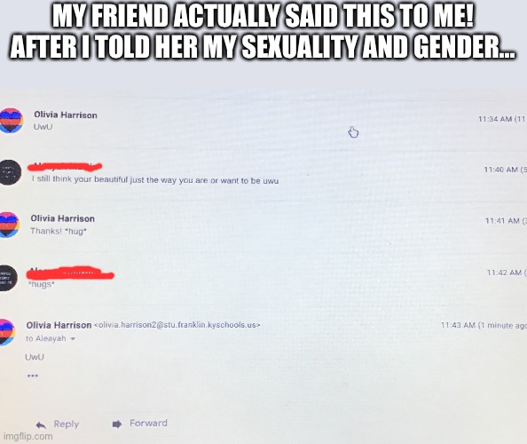 I marked out her name, for privacy reasons | MY FRIEND ACTUALLY SAID THIS TO ME! AFTER I TOLD HER MY SEXUALITY AND GENDER... | made w/ Imgflip meme maker