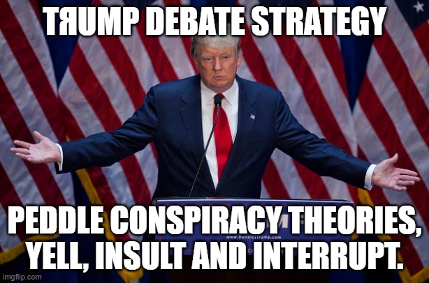 TЯump Debate Strategy | TЯUMP DEBATE STRATEGY; PEDDLE CONSPIRACY THEORIES, YELL, INSULT AND INTERRUPT. | image tagged in donald trump,election 2020,presidential debate,joe biden,trump lies | made w/ Imgflip meme maker