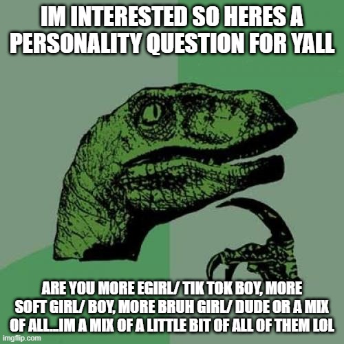 Life questions | IM INTERESTED SO HERES A PERSONALITY QUESTION FOR YALL; ARE YOU MORE EGIRL/ TIK TOK BOY, MORE SOFT GIRL/ BOY, MORE BRUH GIRL/ DUDE OR A MIX OF ALL...IM A MIX OF A LITTLE BIT OF ALL OF THEM LOL | image tagged in memes,philosoraptor,personality,questions,yeah this is big brain time,lol | made w/ Imgflip meme maker