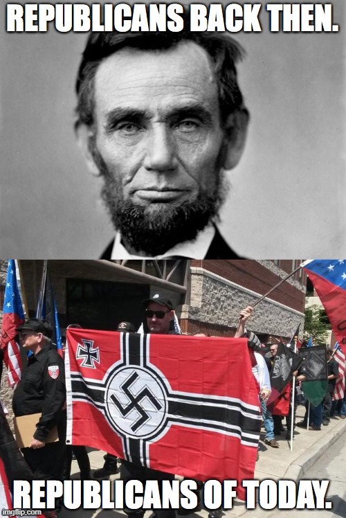 It's so sad Republicans switched sides.... Now they're defending the Ku Klux Klan and the Nazis. | image tagged in republicans,nazi,kkk,ku klux klan,abraham lincoln | made w/ Imgflip meme maker