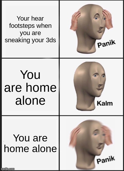 Panik | Your hear footsteps when you are sneaking your 3ds; You are home alone; You are home alone | image tagged in memes,panik kalm panik | made w/ Imgflip meme maker