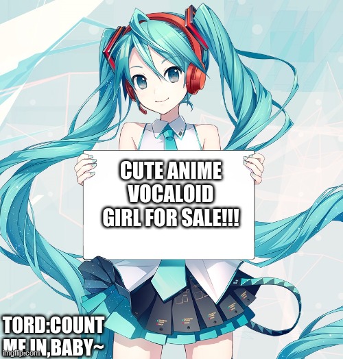 Hatsune Miku holding a sign | CUTE ANIME VOCALOID GIRL FOR SALE!!! TORD:COUNT ME IN,BABY~ | image tagged in hatsune miku holding a sign | made w/ Imgflip meme maker