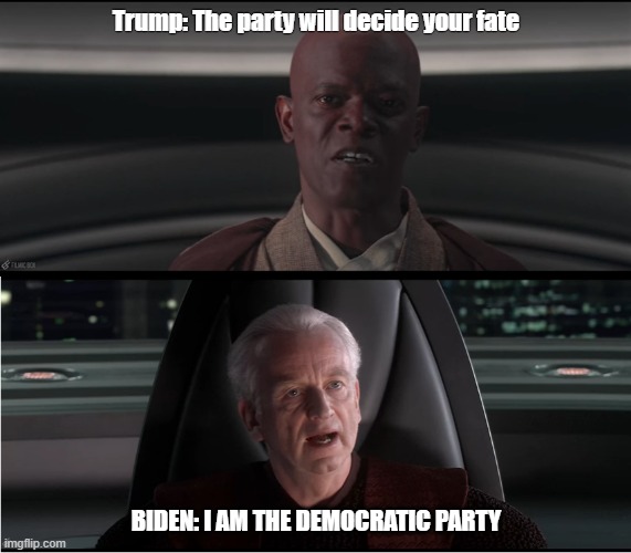 I am the senate | Trump: The party will decide your fate; BIDEN: I AM THE DEMOCRATIC PARTY | image tagged in i am the senate | made w/ Imgflip meme maker