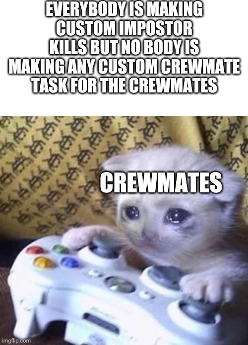 Among us meme | EVERYBODY IS MAKING CUSTOM IMPOSTOR KILLS BUT NO BODY IS MAKING ANY CUSTOM CREWMATE TASK FOR THE CREWMATES; CREWMATES | image tagged in sad gaming cat,memes,among us,crewmate | made w/ Imgflip meme maker