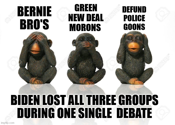 BERNIE BRO'S GREEN NEW DEAL MORONS DEFUND POLICE GOONS BIDEN LOST ALL THREE GROUPS 
DURING ONE SINGLE  DEBATE | made w/ Imgflip meme maker