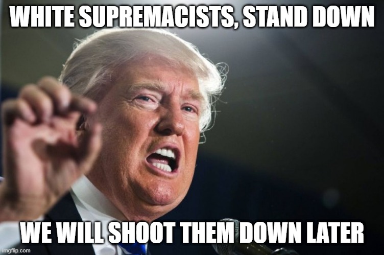 trump loves nazis and white nationalists | WHITE SUPREMACISTS, STAND DOWN; WE WILL SHOOT THEM DOWN LATER | image tagged in donald trump,white supremacy,white supremacists,stupid,shooting,mass shooting | made w/ Imgflip meme maker