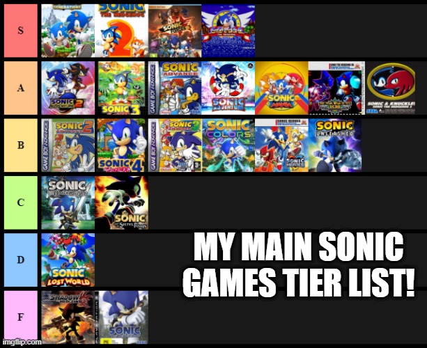 Sonic tier list! | MY MAIN SONIC GAMES TIER LIST! | image tagged in sonic the hedgehog,tier lists | made w/ Imgflip meme maker