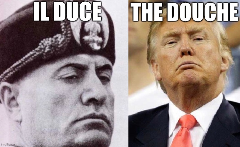 All hail the Mango Mussolini! | IL DUCE; THE DOUCHE | image tagged in donald trump is an idiot,mussolini,fascist,election 2020 | made w/ Imgflip meme maker