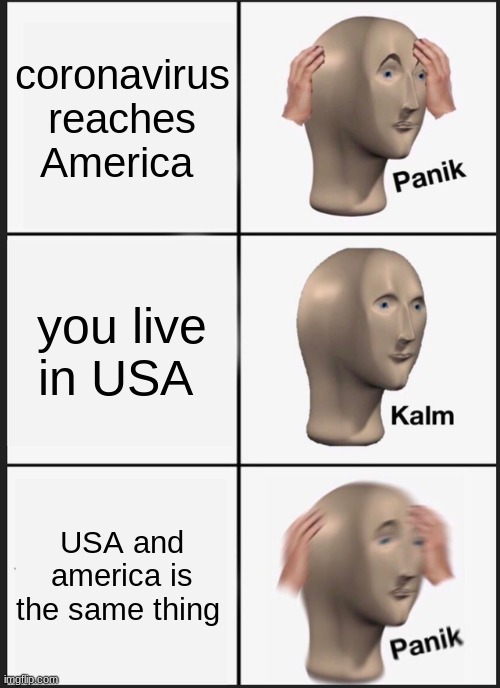 Panik Kalm Panik | coronavirus reaches America; you live in USA; USA and america is the same thing | image tagged in memes,panik kalm panik | made w/ Imgflip meme maker