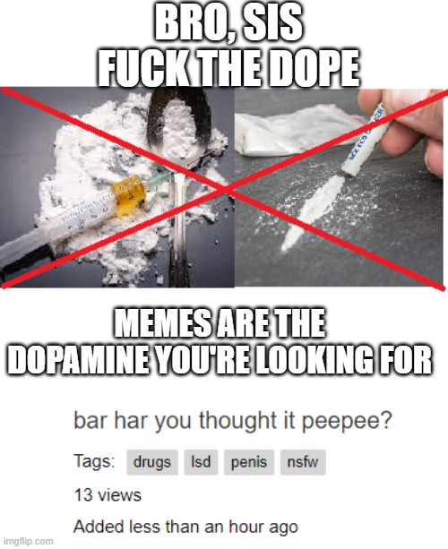 bro, sis fuck the dope | BRO, SIS
FUCK THE DOPE; MEMES ARE THE DOPAMINE YOU'RE LOOKING FOR | image tagged in these arent the droids you were looking for,dope,cocaine,heroin,drugs,nsfw | made w/ Imgflip meme maker