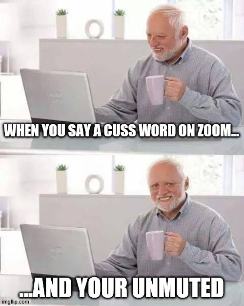 Hide the Pain Harold Meme | WHEN YOU SAY A CUSS WORD ON ZOOM... ...AND YOUR UNMUTED | image tagged in memes,hide the pain harold | made w/ Imgflip meme maker