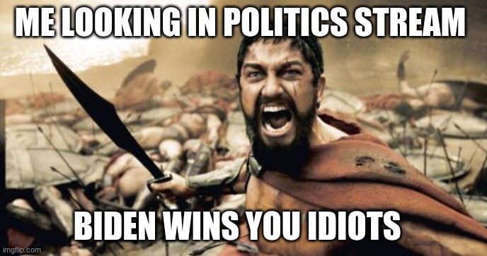 joe | ME LOOKING IN POLITICS STREAM; BIDEN WINS YOU IDIOTS | image tagged in memes,sparta leonidas | made w/ Imgflip meme maker