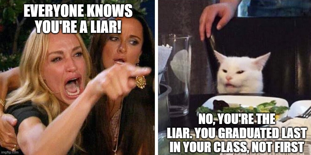 You're the Liar | EVERYONE KNOWS YOU'RE A LIAR! NO, YOU'RE THE LIAR. YOU GRADUATED LAST IN YOUR CLASS, NOT FIRST | image tagged in smudge the cat | made w/ Imgflip meme maker