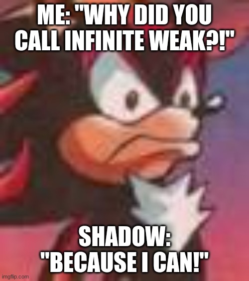 Because Shadow can | ME: "WHY DID YOU CALL INFINITE WEAK?!"; SHADOW: "BECAUSE I CAN!" | image tagged in shadow the hedgehog | made w/ Imgflip meme maker
