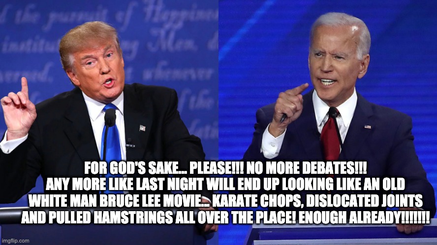 No More Debates | FOR GOD'S SAKE... PLEASE!!! NO MORE DEBATES!!! ANY MORE LIKE LAST NIGHT WILL END UP LOOKING LIKE AN OLD WHITE MAN BRUCE LEE MOVIE... KARATE CHOPS, DISLOCATED JOINTS AND PULLED HAMSTRINGS ALL OVER THE PLACE! ENOUGH ALREADY!!!!!!! | image tagged in political meme | made w/ Imgflip meme maker