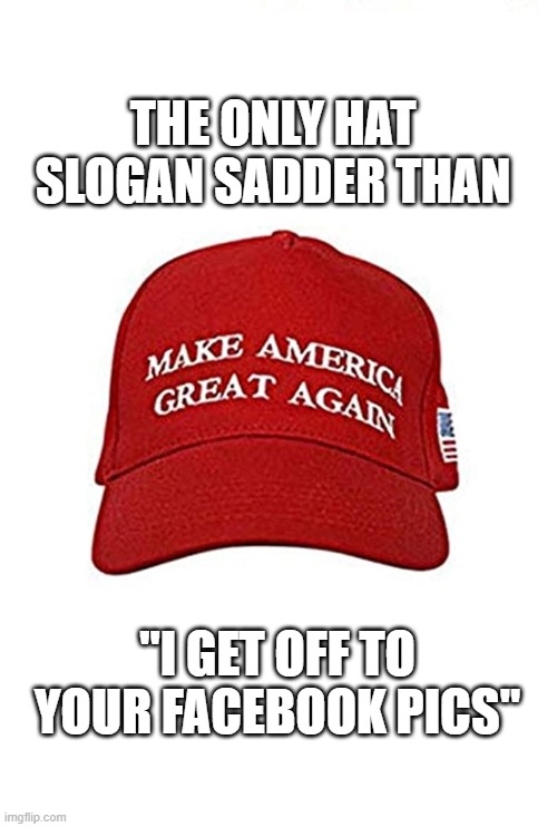the only hat slogan sadder than | THE ONLY HAT SLOGAN SADDER THAN; "I GET OFF TO YOUR FACEBOOK PICS" | image tagged in facebook,trump,america,hat,slogan | made w/ Imgflip meme maker