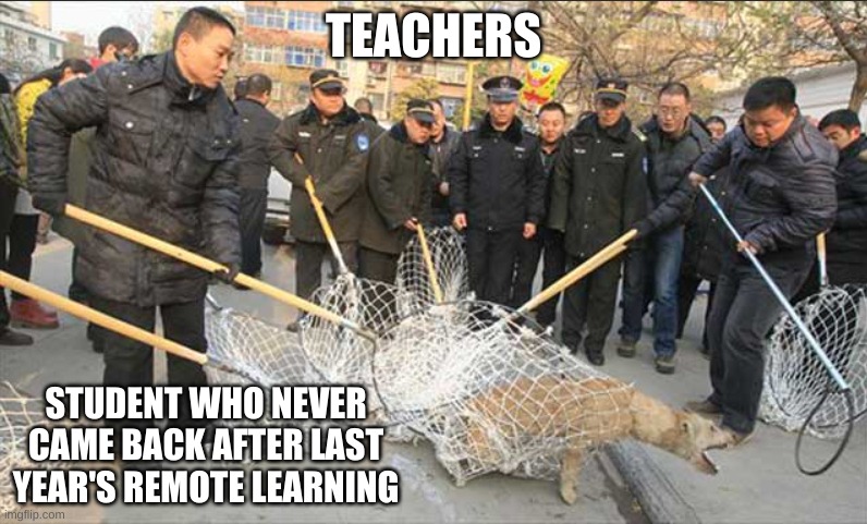 Feral Students | TEACHERS; STUDENT WHO NEVER CAME BACK AFTER LAST YEAR'S REMOTE LEARNING | image tagged in students,school,remote learning | made w/ Imgflip meme maker