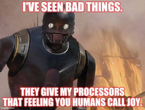 K-2SO | I'VE SEEN BAD THINGS. THEY GIVE MY PROCESSORS THAT FEELING YOU HUMANS CALL JOY. | image tagged in k-2so | made w/ Imgflip meme maker