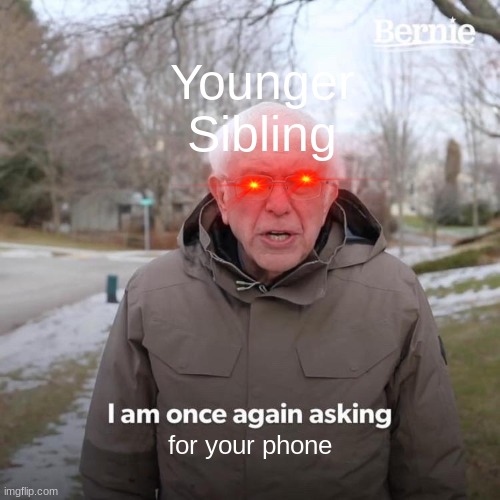Bernie I Am Once Again Asking For Your Support | Younger Sibling; for your phone | image tagged in memes,bernie i am once again asking for your support | made w/ Imgflip meme maker