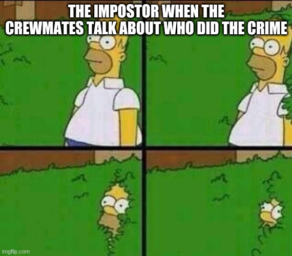 Every single among us impostor | THE IMPOSTOR WHEN THE CREWMATES TALK ABOUT WHO DID THE CRIME | image tagged in homer simpson in bush - large | made w/ Imgflip meme maker