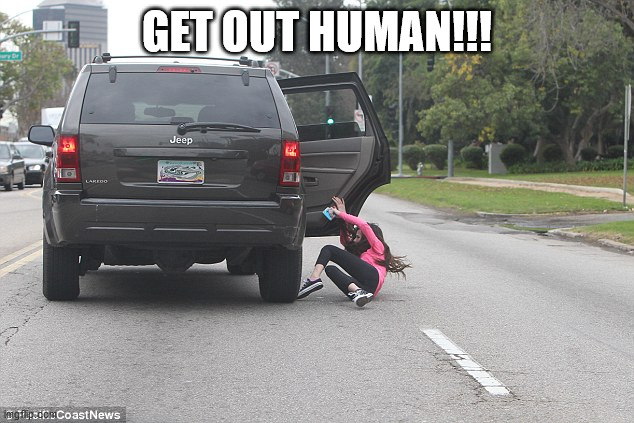 Girl falling out of car | GET OUT HUMAN!!! | image tagged in girl falling out of car | made w/ Imgflip meme maker