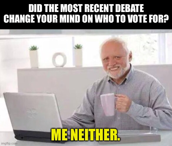 Debate | DID THE MOST RECENT DEBATE CHANGE YOUR MIND ON WHO TO VOTE FOR? ME NEITHER. | image tagged in harold | made w/ Imgflip meme maker