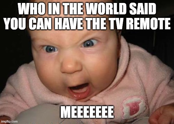 Evil Baby Meme | WHO IN THE WORLD SAID YOU CAN HAVE THE TV REMOTE; MEEEEEEE | image tagged in memes,evil baby | made w/ Imgflip meme maker