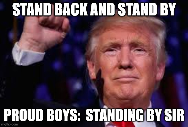 Trump Stand Back and Stand By | STAND BACK AND STAND BY; PROUD BOYS:  STANDING BY SIR | image tagged in donald trump | made w/ Imgflip meme maker